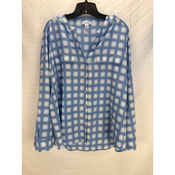 Calvin Klein Blue White Check Blouse Long Sleeve Button Front Women’s XL - Picture 1 of 10